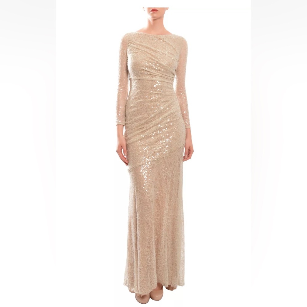 CARMEN MARC VALVO Long-Sleeve Lace Sequin Illusion Gown size 12 STUNNING. Nude